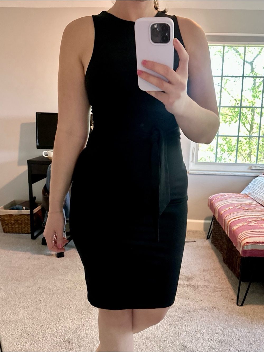 Express Black Sleeveless Midi Sheath Dress with Tie Waist